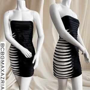 BCBGMaxAzria Black Ivory Mini Cocktail Party Shutter Pleated Dress Satin Tiered